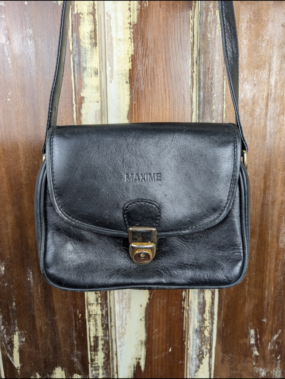 Vintage 90s Maxime Black Leather Crossbody Purse Gold Hardware Minimalist